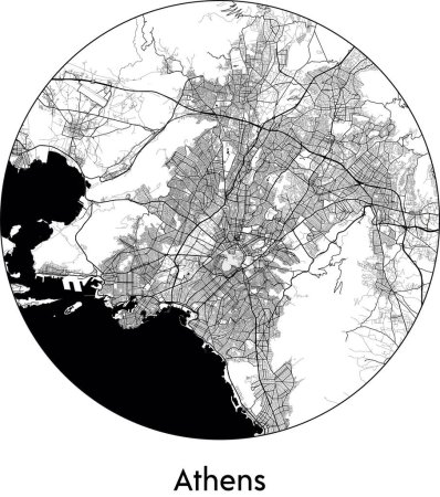 Téléchargez les illustrations : Carte de la ville d'Athènes (Grèce, Europe) illustration vectorielle noir blanc - en licence libre de droit