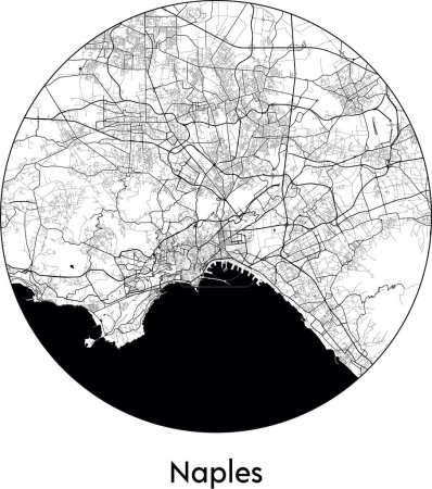 Téléchargez les illustrations : Carte de la ville de Naples (Italie, Europe) illustration vectorielle noir blanc - en licence libre de droit