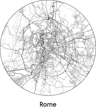 Téléchargez les illustrations : Carte de la ville de Rome (Italie, Europe) illustration vectorielle noir blanc - en licence libre de droit
