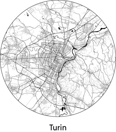 Téléchargez les illustrations : Carte de la ville de Turin (Italie, Europe) illustration vectorielle noir blanc - en licence libre de droit