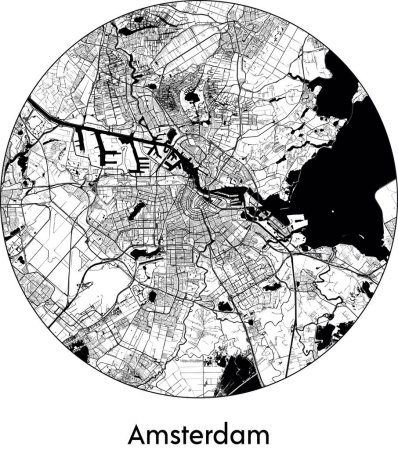 Téléchargez les illustrations : Carte de la ville d'Amsterdam (Pays-Bas, Europe) illustration vectorielle noir blanc - en licence libre de droit