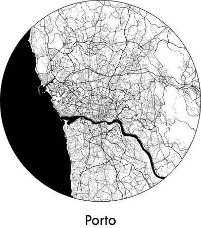 Téléchargez les illustrations : Carte de la ville de Porto (Portugal, Europe) illustration vectorielle noir blanc - en licence libre de droit