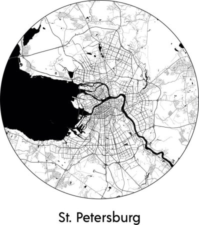 Téléchargez les illustrations : Carte de la ville de Saint-Pétersbourg (Russie, Europe) illustration vectorielle noir blanc - en licence libre de droit