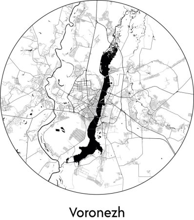 Téléchargez les illustrations : Carte de la ville de Voronej (Russie, Europe) illustration vectorielle noir blanc - en licence libre de droit