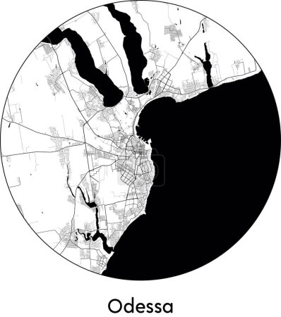 Téléchargez les illustrations : Carte de la ville d'Odessa (Ukraine, Europe) illustration vectorielle noir blanc - en licence libre de droit