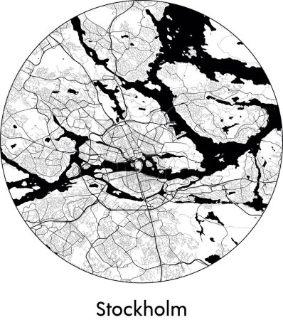 Téléchargez les illustrations : Carte de Stockholm (Suède, Europe) illustration vectorielle noir blanc - en licence libre de droit