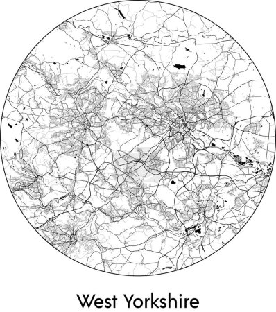 Téléchargez les illustrations : Carte de la ville de West Yorkshire (Royaume-Uni, Europe) illustration vectorielle noir blanc - en licence libre de droit
