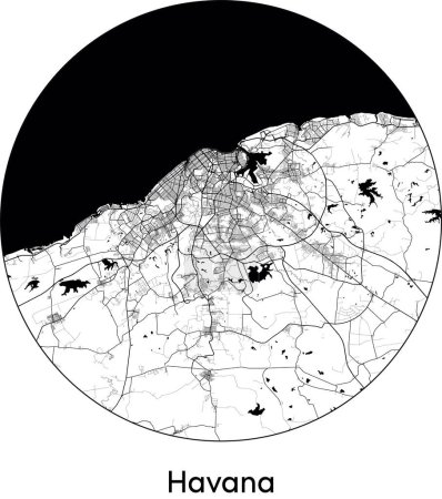 Illustration for Minimal City Map of Havana (Cuba, North America) black white vector illustration - Royalty Free Image