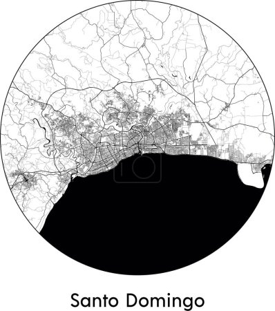 Téléchargez les illustrations : Carte de la ville de Santo Domingo (République dominicaine, Amérique du Nord) illustration vectorielle noir blanc - en licence libre de droit