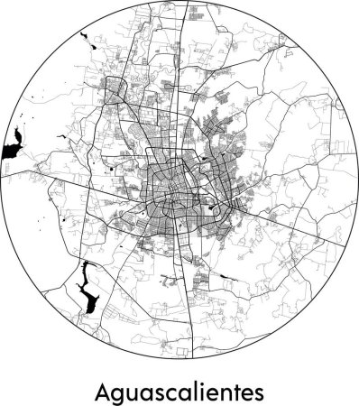 Téléchargez les illustrations : Carte de la ville d'Aguascalientes (Mexique, Amérique du Nord) illustration vectorielle noir blanc - en licence libre de droit