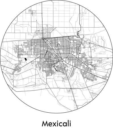 Téléchargez les illustrations : Carte de la ville de Mexicali (Mexique, Amérique du Nord) illustration vectorielle noir blanc - en licence libre de droit