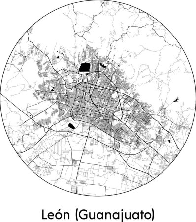 Téléchargez les illustrations : Carte de ville Minimale de Leon Guanajuato (Mexique, Amérique du Nord) illustration vectorielle noir blanc - en licence libre de droit