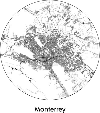 Téléchargez les illustrations : Carte de la ville de Monterrey (Mexique, Amérique du Nord) illustration vectorielle noir blanc - en licence libre de droit