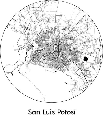Téléchargez les illustrations : Carte de la ville de San Luis Potosi (Mexique, Amérique du Nord) illustration vectorielle noir blanc - en licence libre de droit