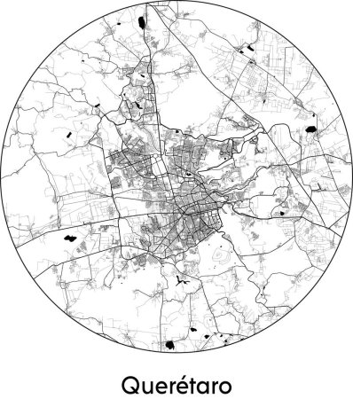 Téléchargez les illustrations : Carte de la ville de Queretaro (Mexique, Amérique du Nord) illustration vectorielle noir blanc - en licence libre de droit