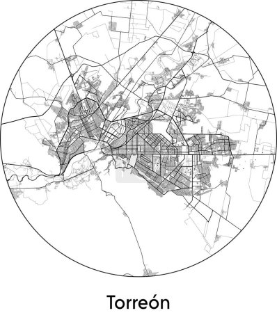 Téléchargez les illustrations : Carte de la ville de Torreon (Mexique, Amérique du Nord) illustration vectorielle noir blanc - en licence libre de droit