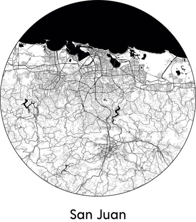 Ilustración de Mapa Mínimo de la Ciudad de San Juan (Puerto Rico, América del Norte) vector blanco negro ilustración - Imagen libre de derechos