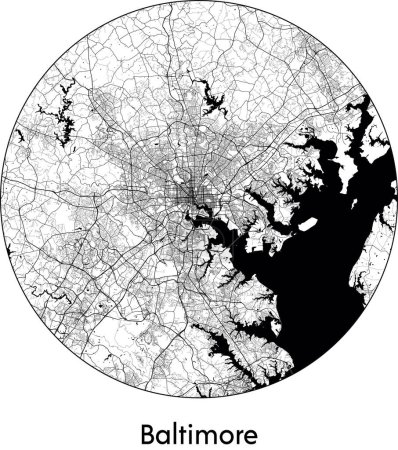 Illustration for Minimal City Map of Baltimore (United States, North America) black white vector illustration - Royalty Free Image