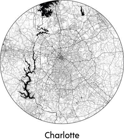 Illustration for Minimal City Map of Charlotte (United States, North America) black white vector illustration - Royalty Free Image
