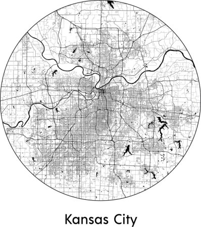 Téléchargez les illustrations : Carte de Kansas City (États-Unis d'Amérique, Amérique du Nord) illustration vectorielle noir blanc - en licence libre de droit