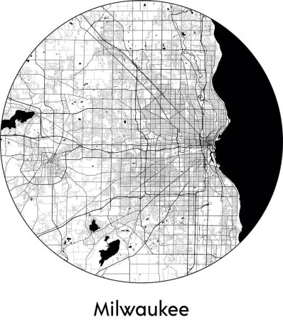 Illustration for Minimal City Map of Milwaukee (United States, North America) black white vector illustration - Royalty Free Image