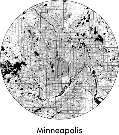 Téléchargez les illustrations : Carte de Minneapolis (États-Unis d'Amérique, Amérique du Nord) illustration vectorielle noir blanc - en licence libre de droit