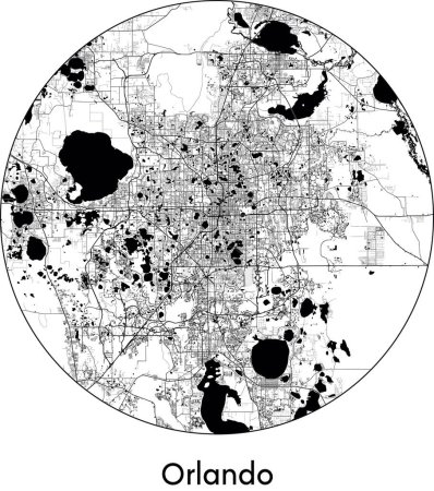 Téléchargez les illustrations : Carte de la ville d'Orlando (États-Unis d'Amérique, Amérique du Nord) illustration vectorielle noir blanc - en licence libre de droit