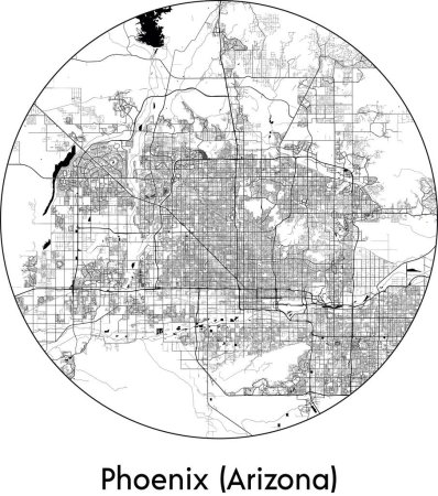 Téléchargez les illustrations : Carte de Phoenix Arizona (États-Unis d'Amérique, Amérique du Nord) illustration vectorielle noir blanc - en licence libre de droit