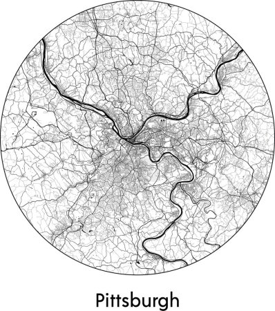 Téléchargez les illustrations : Carte de la ville de Pittsburgh (États-Unis d'Amérique, Amérique du Nord) illustration vectorielle noir blanc - en licence libre de droit