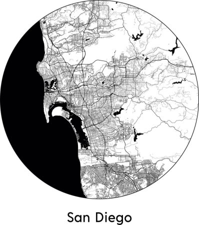 Illustration for Minimal City Map of San Diego (United States, North America) black white vector illustration - Royalty Free Image