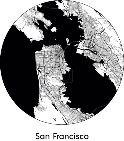 Téléchargez les illustrations : Carte de San Francisco (États-Unis d'Amérique, Amérique du Nord) illustration vectorielle noir blanc - en licence libre de droit