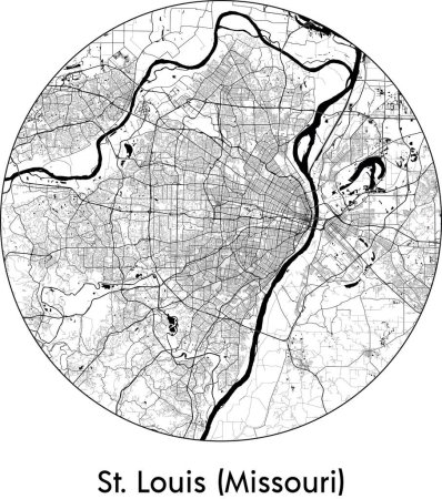 Illustration for Minimal City Map of St. Louis Missouri (United States, North America) black white vector illustration - Royalty Free Image