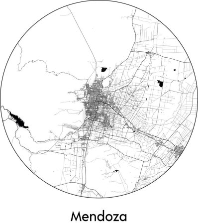 Illustration for Minimal City Map of Mendoza (Argentina, South America) black white vector illustration - Royalty Free Image