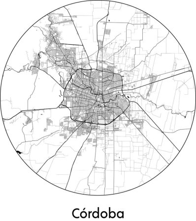 Téléchargez les illustrations : Carte de la ville de Cordoue (Argentine, Amérique du Sud) illustration vectorielle noir blanc - en licence libre de droit