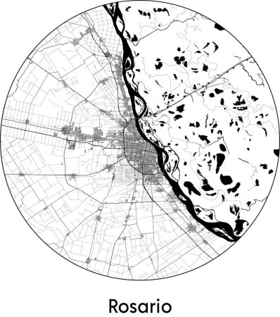 Illustration for Minimal City Map of Rosario (Argentina, South America) black white vector illustration - Royalty Free Image