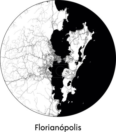 Téléchargez les illustrations : Carte de la ville de Florianopolis (Brésil, Amérique du Sud) illustration vectorielle noir blanc - en licence libre de droit