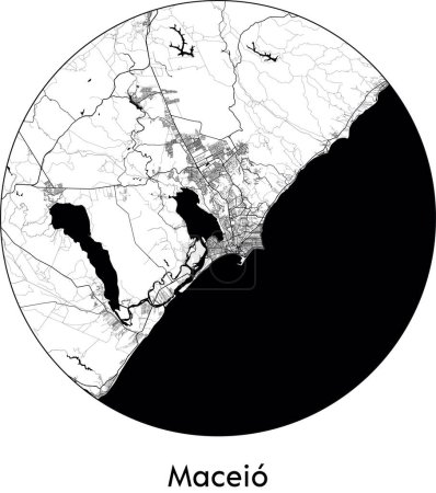Téléchargez les illustrations : Carte de la ville de Maceio (Brésil, Amérique du Sud) illustration vectorielle noir blanc - en licence libre de droit
