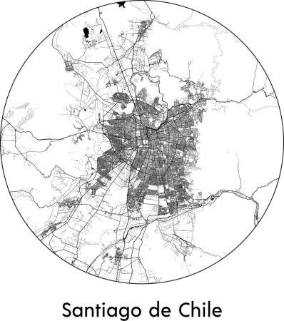 Téléchargez les illustrations : Carte de ville Santiago du Chili (Chili, Amérique du Sud) illustration vectorielle noir blanc - en licence libre de droit