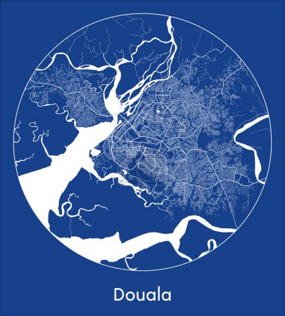 Ilustración de Mapa de la ciudad Douala Camerún África azul print round Circle vector illustration - Imagen libre de derechos