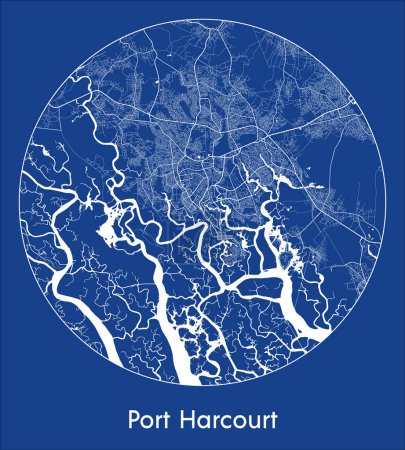 Ilustración de Mapa de la ciudad Port Harcourt Nigeria África azul print round Circle vector illustration - Imagen libre de derechos