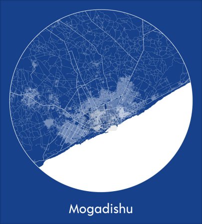 Téléchargez les illustrations : Carte de la ville Mogadiscio Somalie Tirage bleu africain rond Illustration vectorielle du cercle - en licence libre de droit