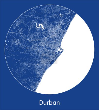 Téléchargez les illustrations : Plan de la ville Durban Afrique du Sud Tirage bleu africain rond Illustration vectorielle circulaire - en licence libre de droit