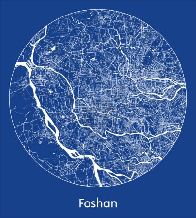 Ilustración de Mapa de la ciudad Foshan China Asia azul print round Circle vector illustration - Imagen libre de derechos
