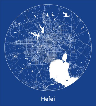 Téléchargez les illustrations : Plan de la ville Hefei Chine Asie bleu imprimé rond cercle vectoriel illustration - en licence libre de droit
