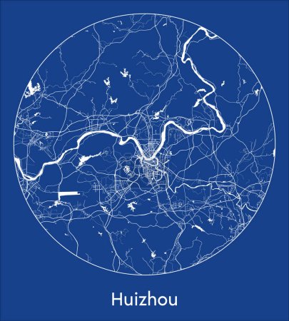 Ilustración de Mapa de la ciudad Huizhou China Asia azul print round Circle vector illustration - Imagen libre de derechos