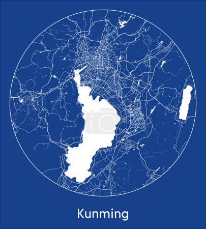 Ilustración de Mapa de la ciudad Kunming China Asia azul print round Circle vector illustration - Imagen libre de derechos