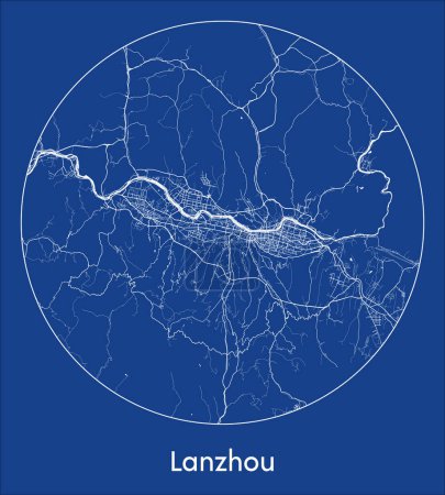 Téléchargez les illustrations : Plan de la ville Lanzhou Chine Asie bleu imprimé rond cercle vectoriel illustration - en licence libre de droit
