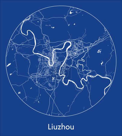 Ilustración de Mapa de la ciudad Liuzhou China Asia azul print round Circle vector illustration - Imagen libre de derechos