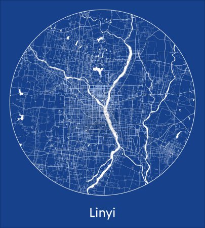 Ilustración de Mapa de la ciudad Linyi China Asia azul print round Circle vector illustration - Imagen libre de derechos