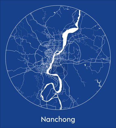Ilustración de Mapa de la ciudad Nanchong China Asia azul print round Circle vector illustration - Imagen libre de derechos